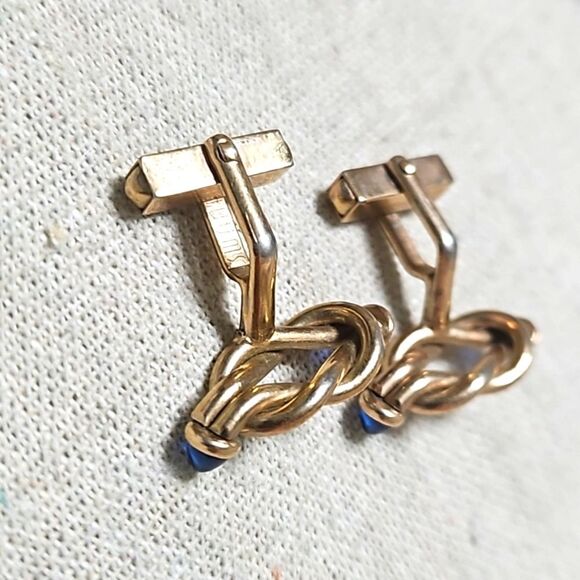 Vintage Swank 30s Blue Glass Tipped Gold Filled Cufflinks Tie Clip Set - Picture 8 of 9